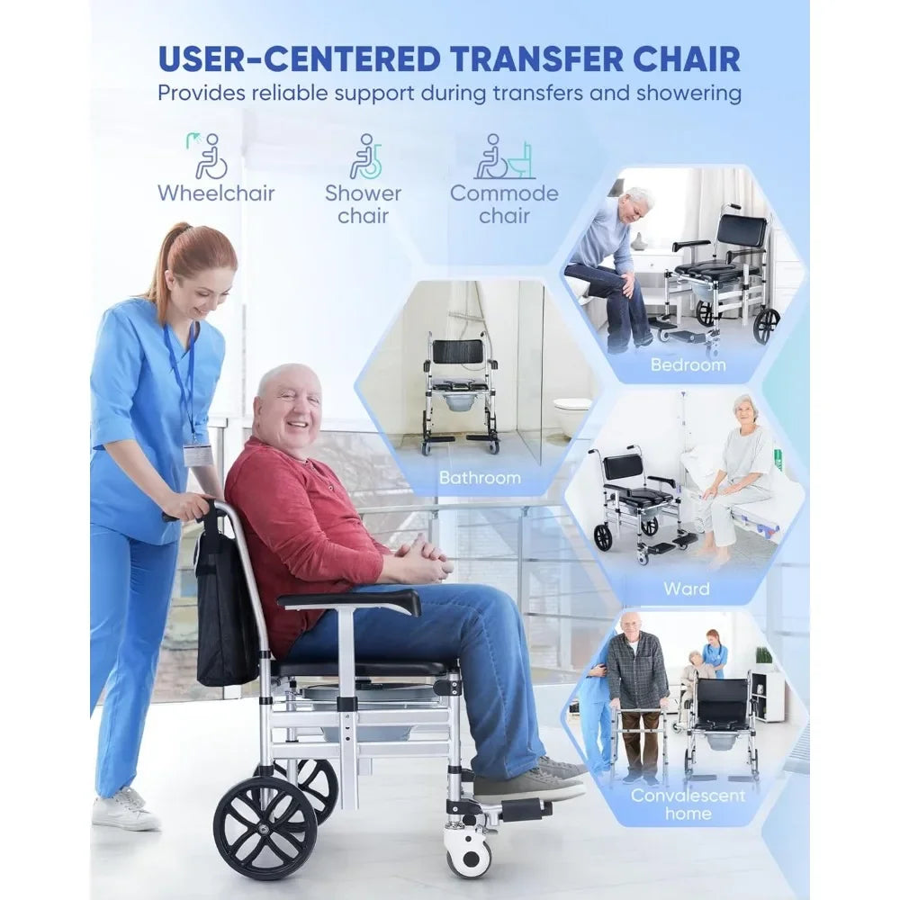Shower Chair with Wheels Folding Shower Wheel Transport Chair Commode Rolling Bath Chair for Handicap Elderly & Injured