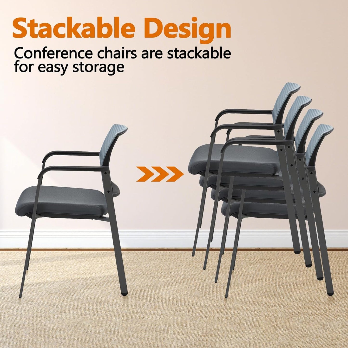 Mesh Back Stacking Arm Chairs with Upholstered Fabric Seat and Ergonomic Lumbar Support for Office School Church Guest Reception Grey 2 Pack Set