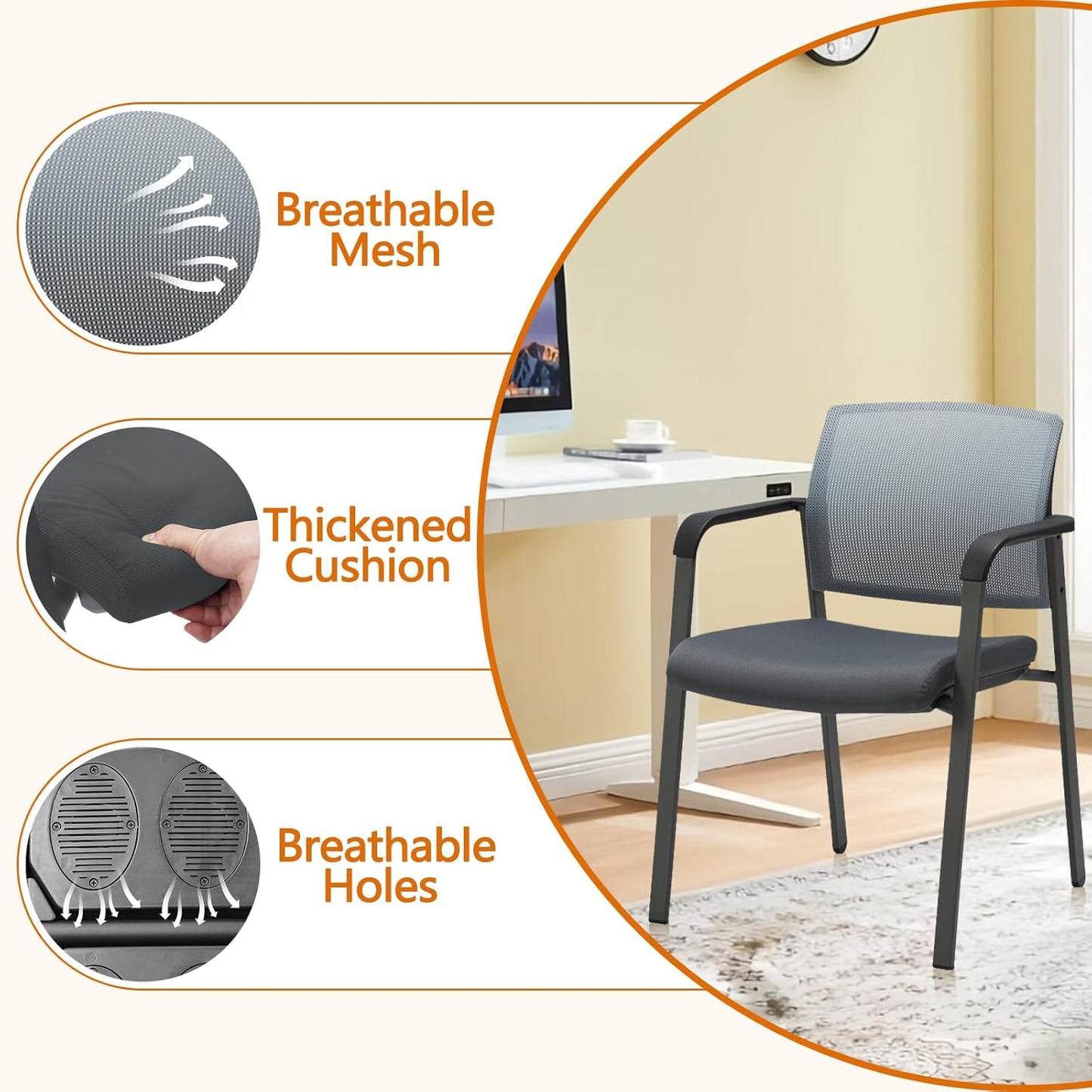 Mesh Back Stacking Arm Chairs with Upholstered Fabric Seat and Ergonomic Lumbar Support for Office School Church Guest Reception Grey 2 Pack Set