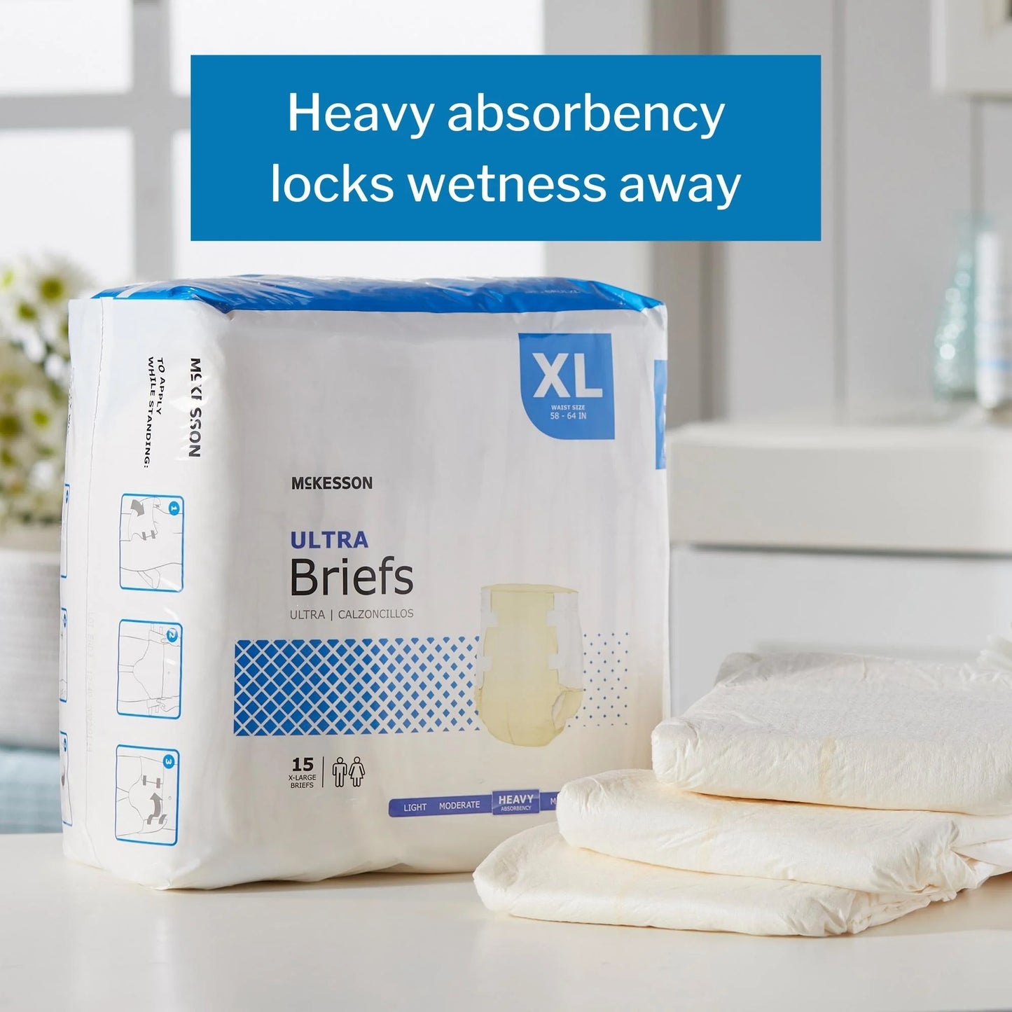 Ultra Incontinence Briefs - Absorbent, Disposable, Unisex - XL, 15 Count, 4 Packs, 60 Total