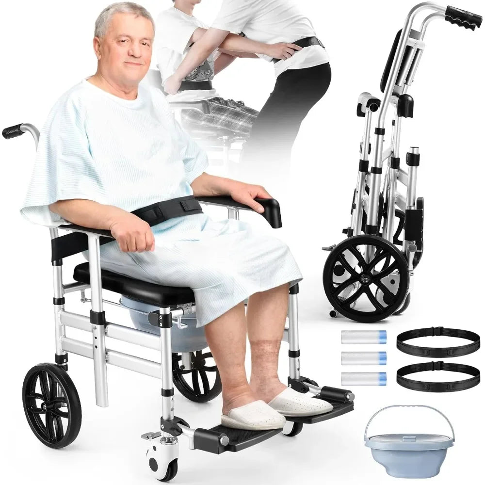 Shower Chair with Wheels Folding Shower Wheel Transport Chair Commode Rolling Bath Chair for Handicap Elderly & Injured