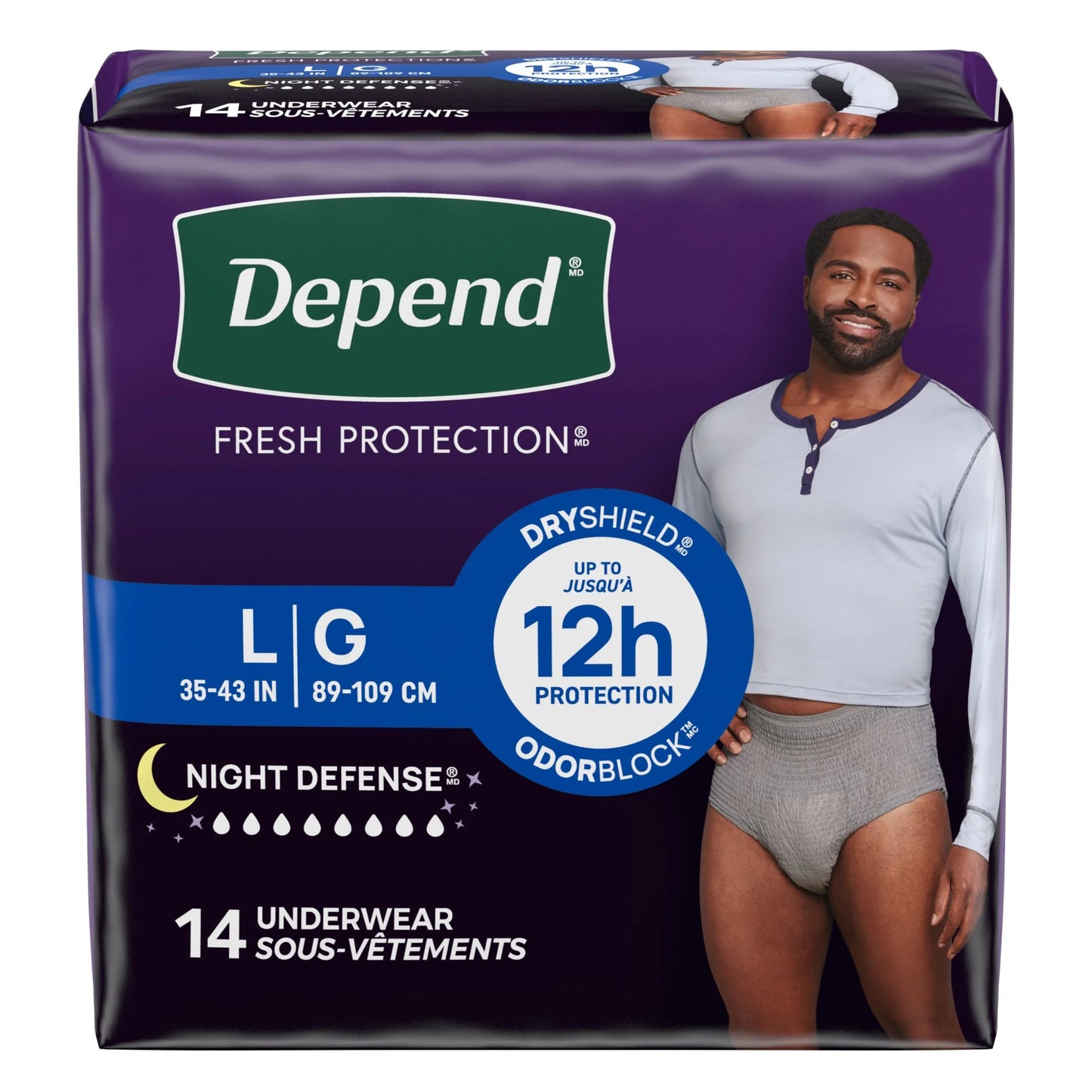 Night Defense Incontinence Underwear for Men, Adult Diapers, L, 14 Count