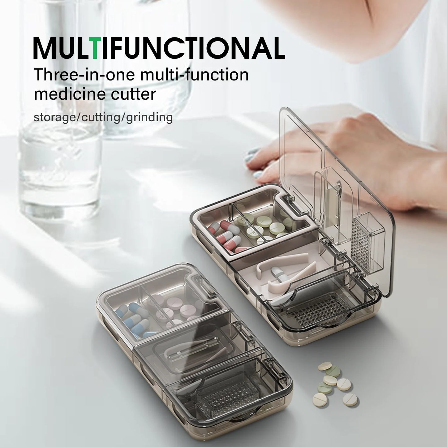 3 in 1 Pill Organizer, Multifunctional Cutting and Grinding Medicine Box,Travel Small Pill Box, Black