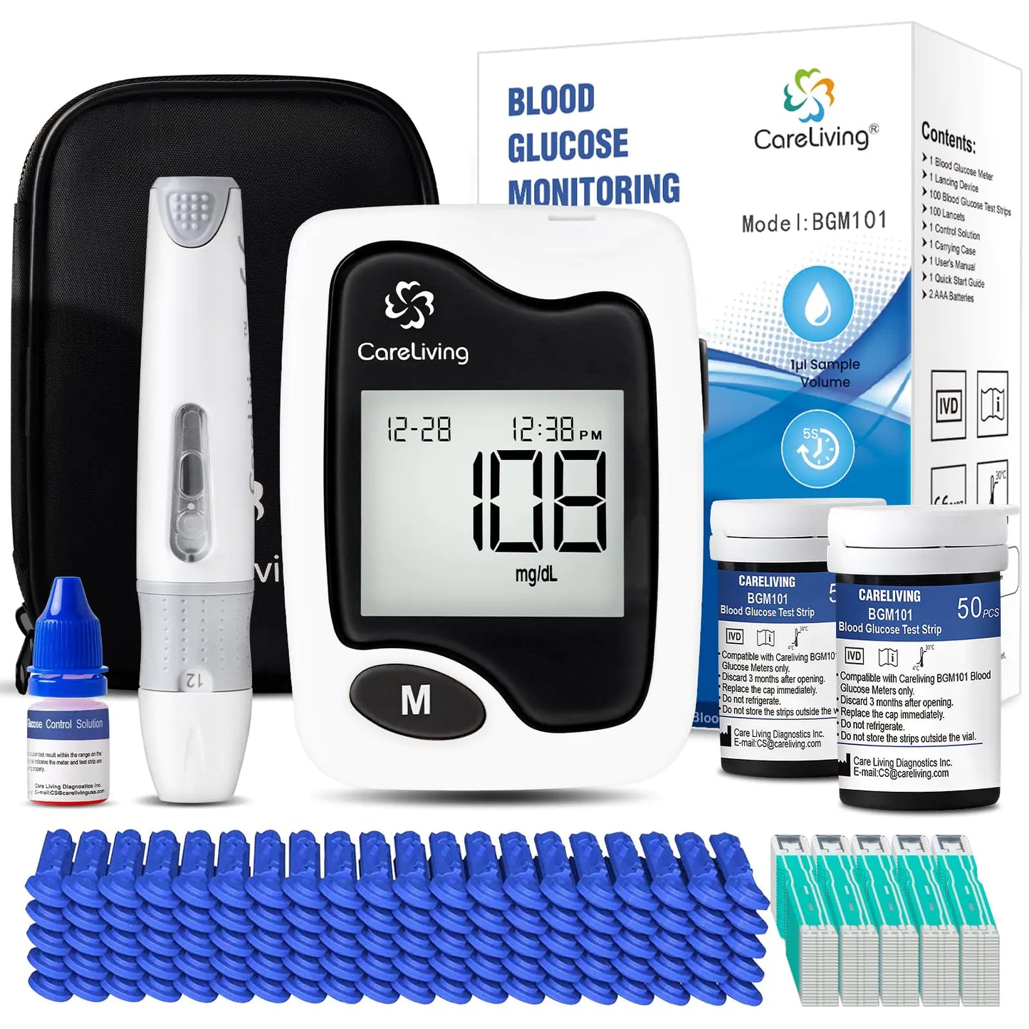 CareLiving BGM101 Blood Glucose Monitor Kit 100 Test Strips 100 Lancets 1 Blood Glucose Meter 1 Lancing Device Diabetes Testing Kit Portable Blood Sugar Test Kit Glucometer Kit for Home black