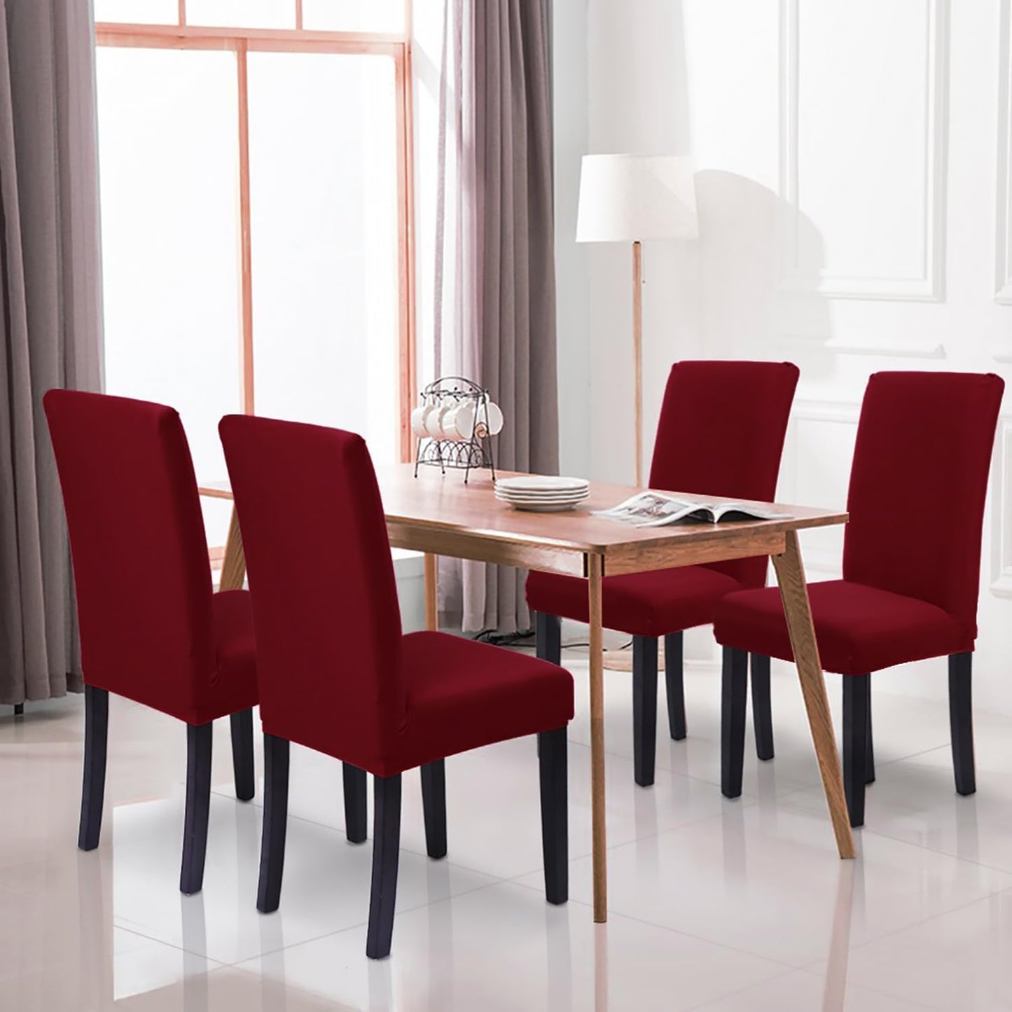 Burgundy Chair Covers for Dining Room Set of 4,Stretch Spandex Parsons Chair Slipcover 4 Pack,Washable Anti-Dust Chair Seat Cover for Kitchen,Wedding,Party