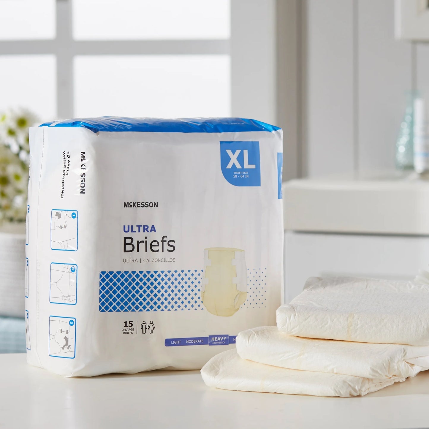 Ultra Incontinence Briefs - Absorbent, Disposable, Unisex - XL, 15 Count, 4 Packs, 60 Total