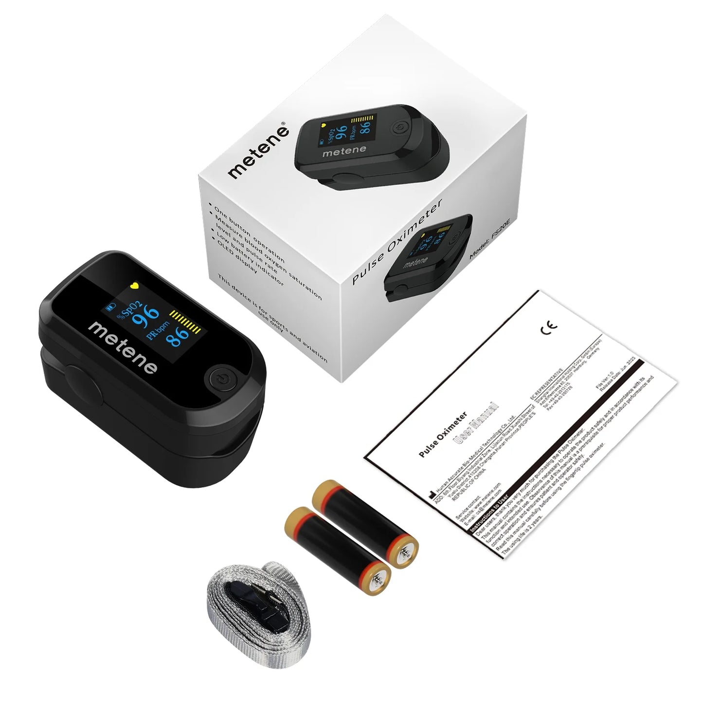 Pulse Oximeter Fingertip with Batteries & Lanyard, OLED Blood Oxygen Saturation Monitor, 20E