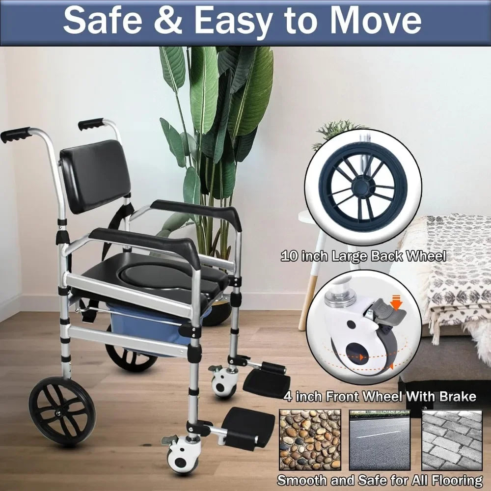 Folding Bedside Commode with Wheels Padded Shower Chair with Bucket Rolling Shower Commode Chairs with Soft Backrest Bedside