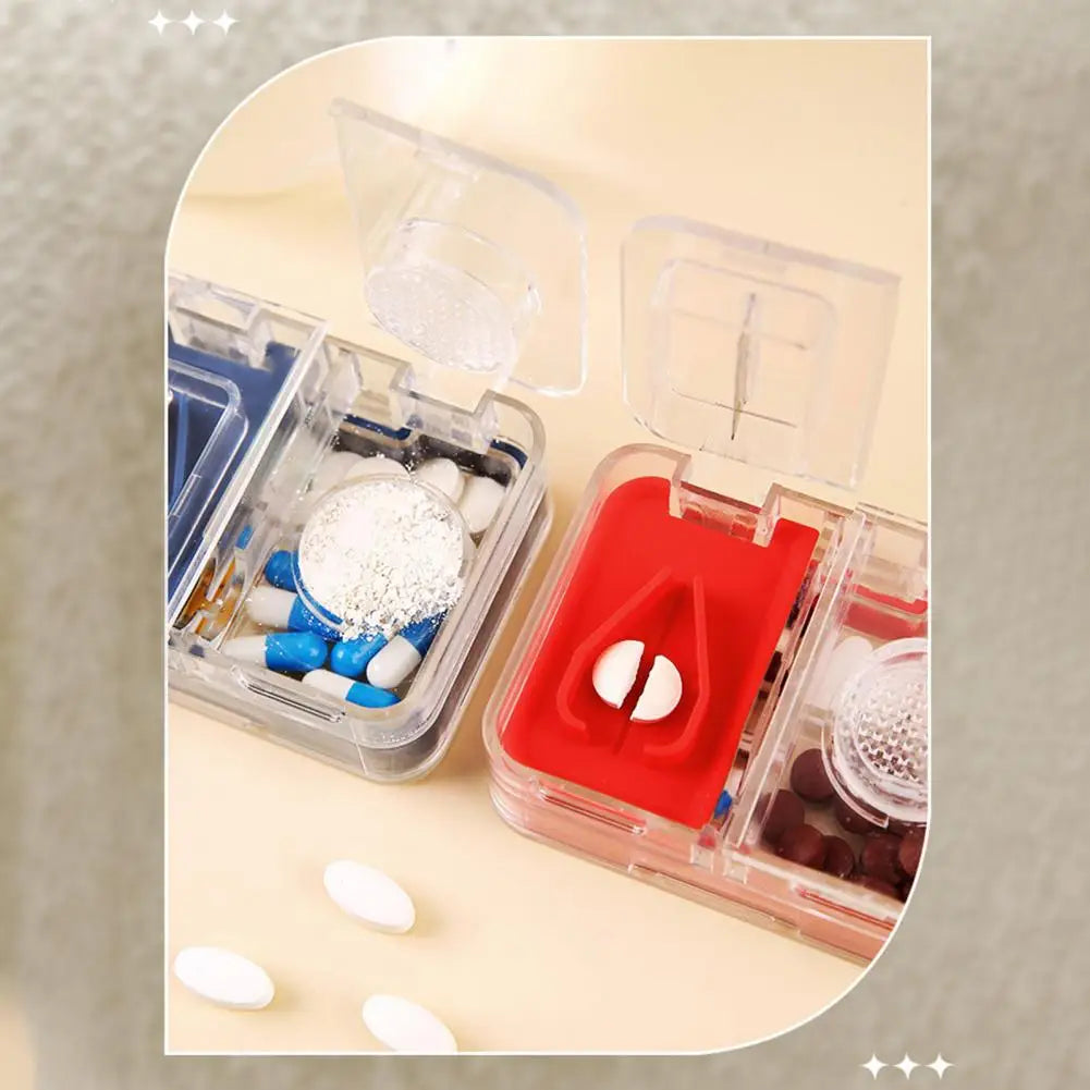 Compact Pill Crusher Transparent Pill Storage Box with Cutter Grinder Brush Food Grade Moisture-proof Medicine for Outdoor