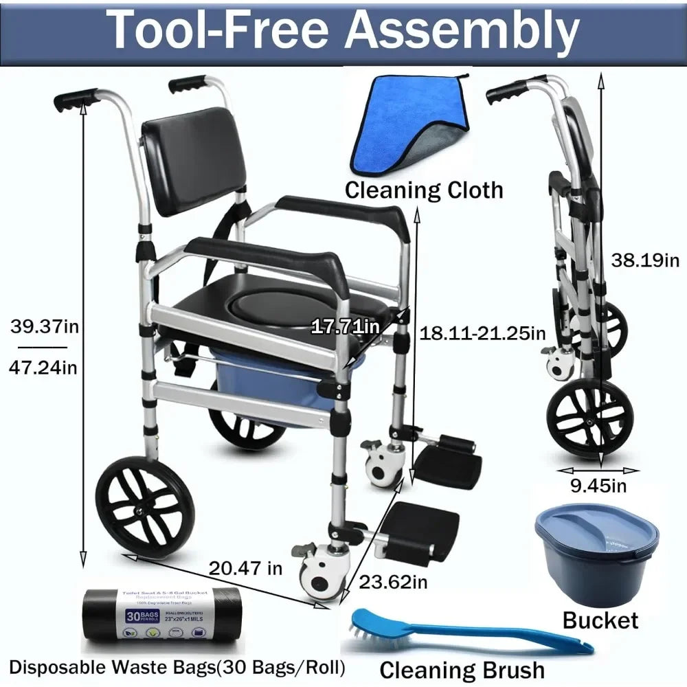 Folding Bedside Commode with Wheels Padded Shower Chair with Bucket Rolling Shower Commode Chairs with Soft Backrest Bedside