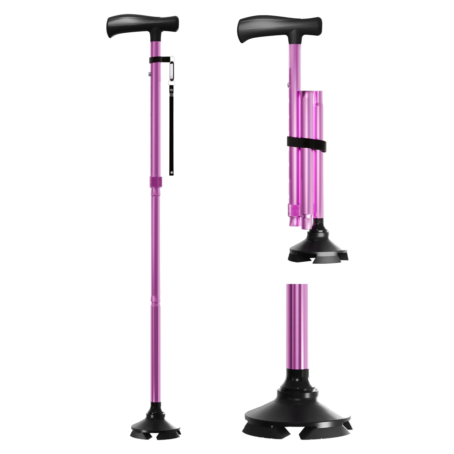 BONTEC Foldable Walking Cane Aluminium Collapsible Walking Stick with Large Quad Base Height Adjustable Free Standing Cane Anti-Lost Tag Lightweight Heavy Duty for Women & Men Light Pink