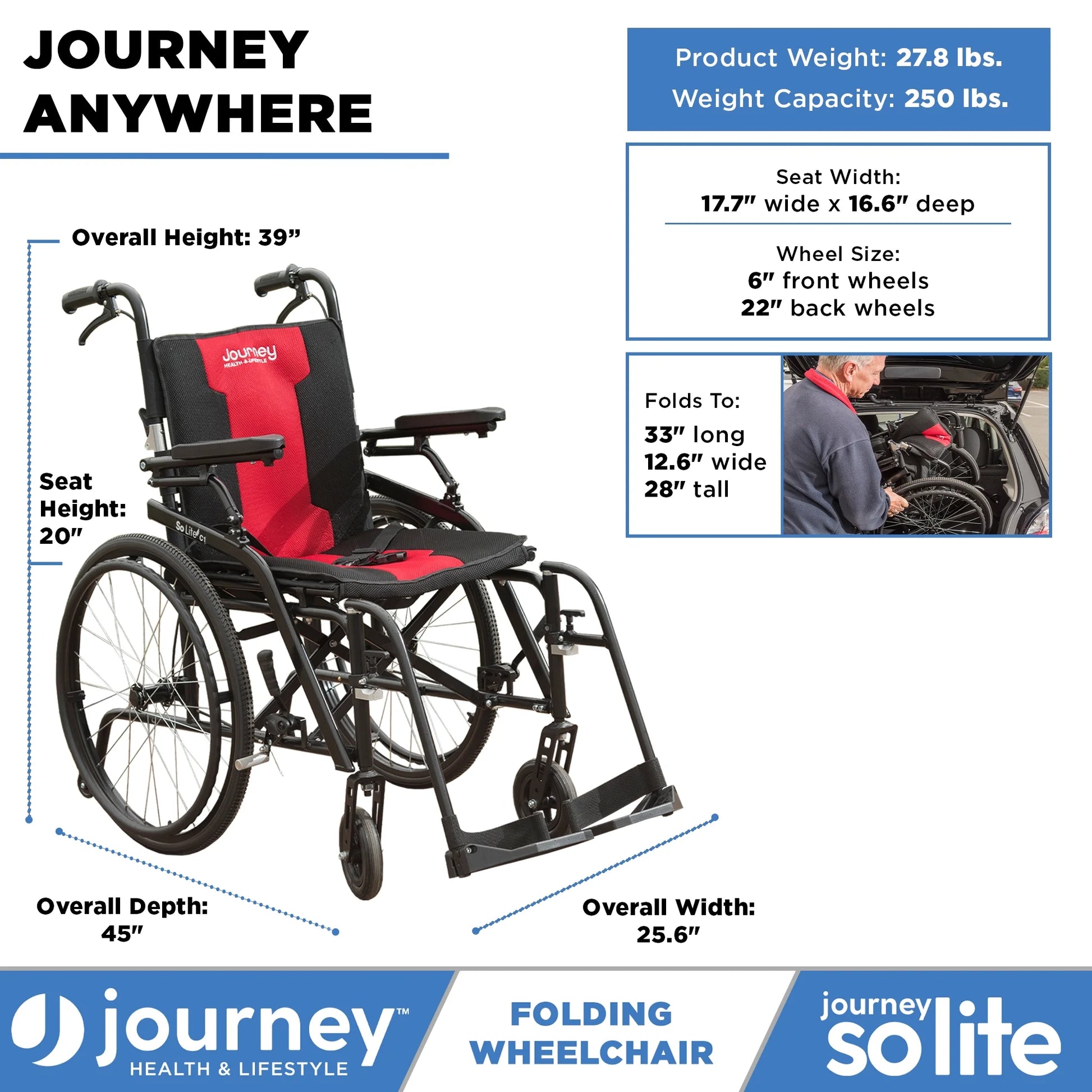 So Lite Folding Wheelchair, Lightweight 16.5Lb with Padded Seat, Dual Hand Brakes, and Durable Tires, Black
