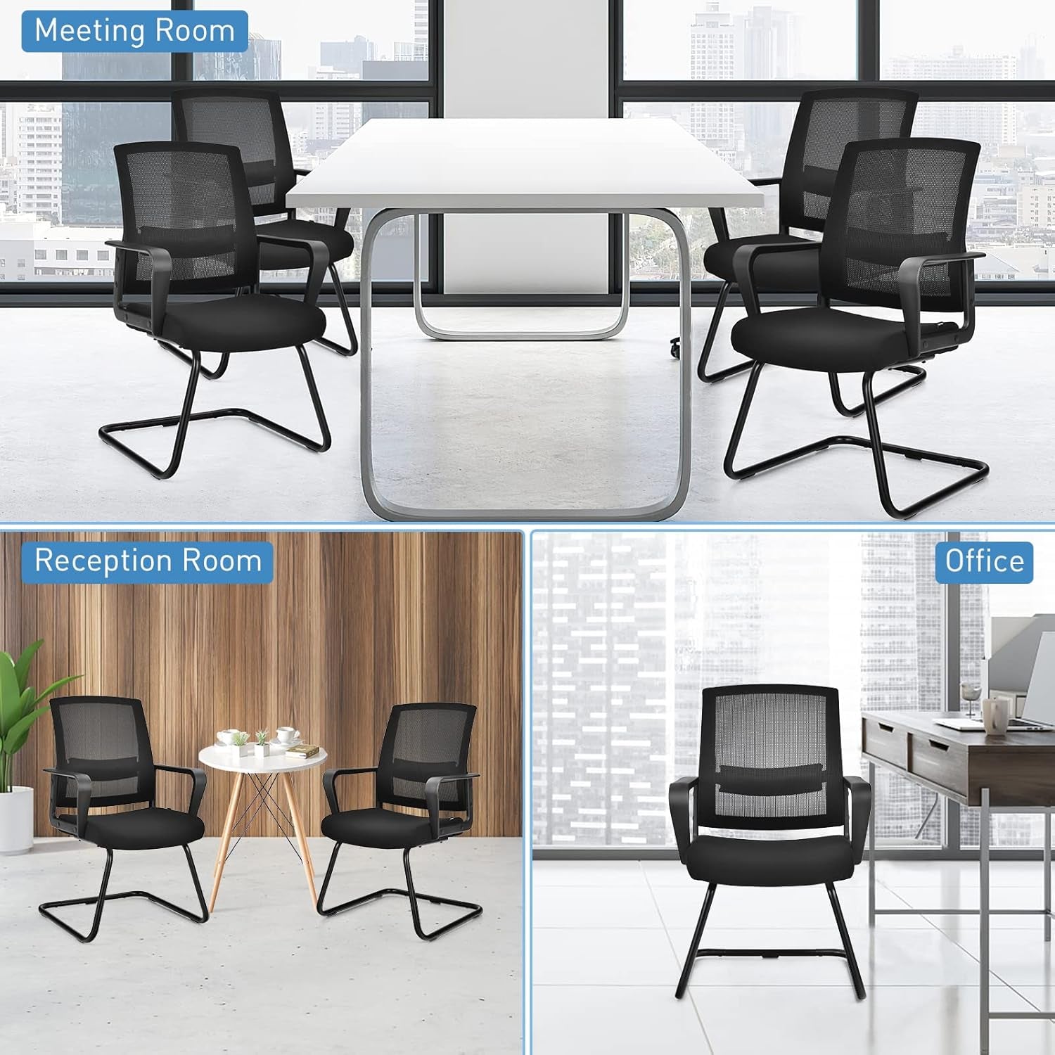 Office Guest Chair Set of 4, Executive Sled Base Conference Chairs with Lumbar Support and Armrests, Mid-Back Chairs, Mesh Office Desk Chair No Wheels for Reception Waiting Meeting Room