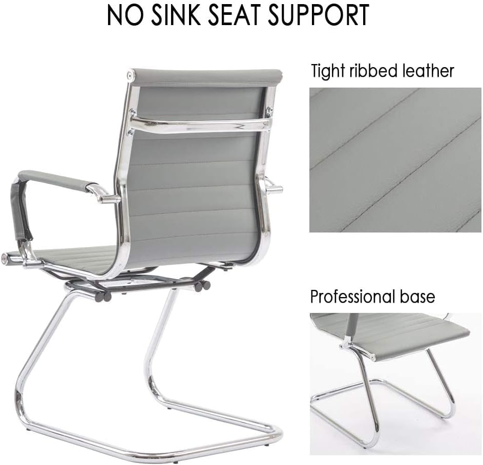 Office Desk Chair No Wheels Set of 4 PU Leather Computer Chairs Mid Back Guest Chairs for School Reception Conference Waiting Room, Grey