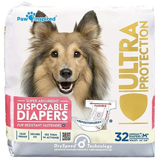 Disposable Dog Diapers Female| Puppy, Doggie, Cat, Pet Diapers |Diapers for Dogs in Heat Period, Diapers That Stay On, Senior, Excitable Urination, Incontinence (Medium Plus, 32 Count)