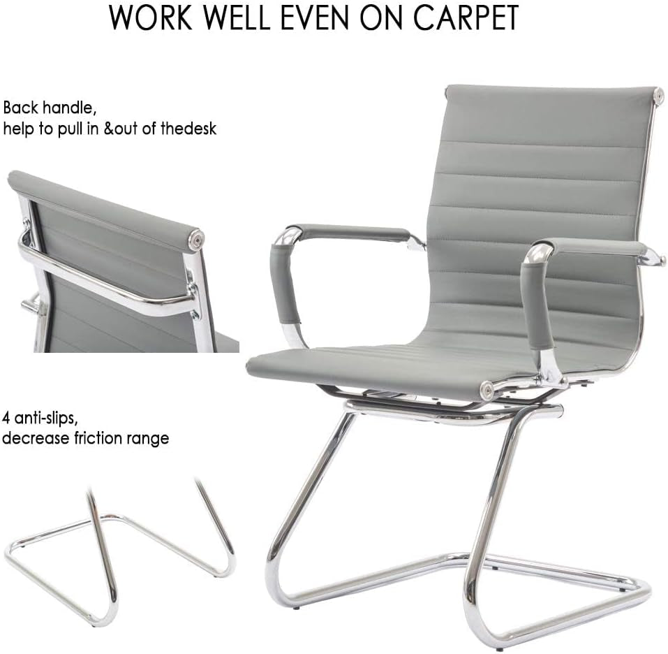 Office Desk Chair No Wheels Set of 4 PU Leather Computer Chairs Mid Back Guest Chairs for School Reception Conference Waiting Room, Grey