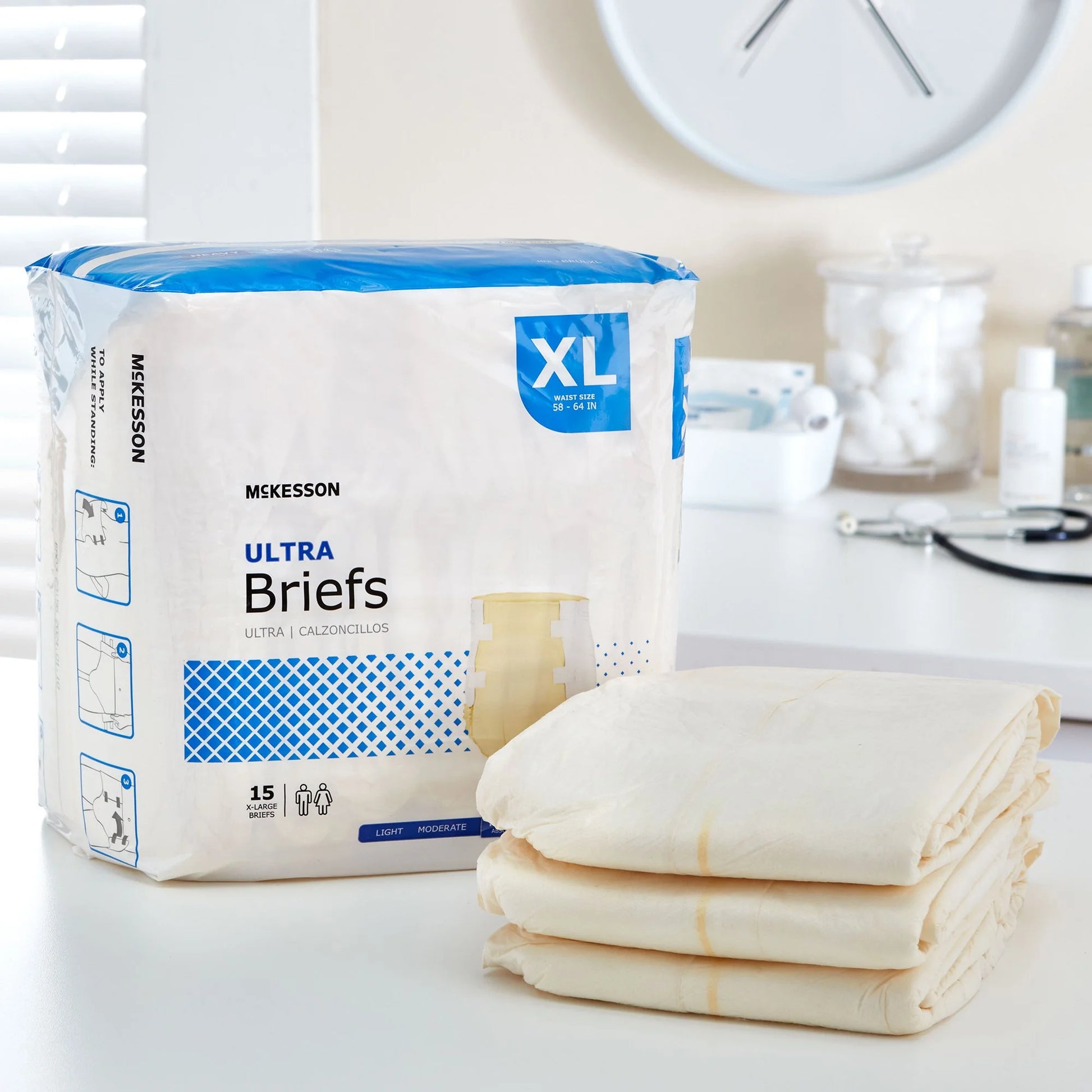 Ultra Incontinence Briefs - Absorbent, Disposable, Unisex - XL, 15 Count, 4 Packs, 60 Total