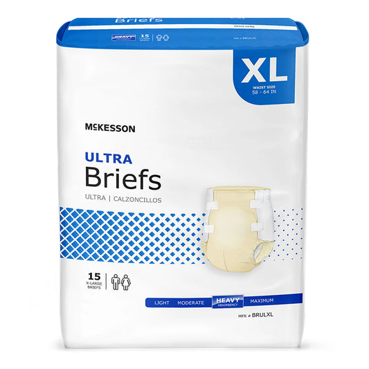 Ultra Incontinence Briefs - Absorbent, Disposable, Unisex - XL, 15 Count, 4 Packs, 60 Total
