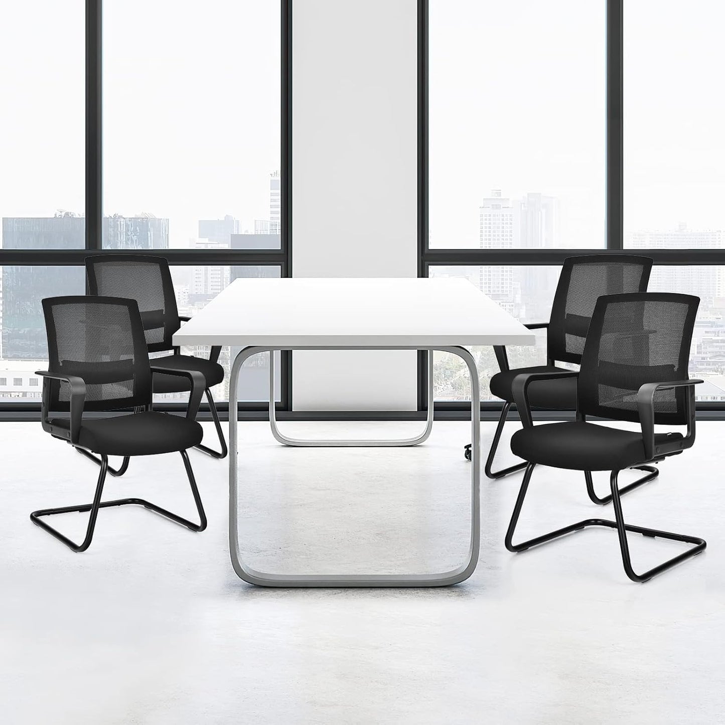 Office Guest Chair Set of 4, Executive Sled Base Conference Chairs with Lumbar Support and Armrests, Mid-Back Chairs, Mesh Office Desk Chair No Wheels for Reception Waiting Meeting Room