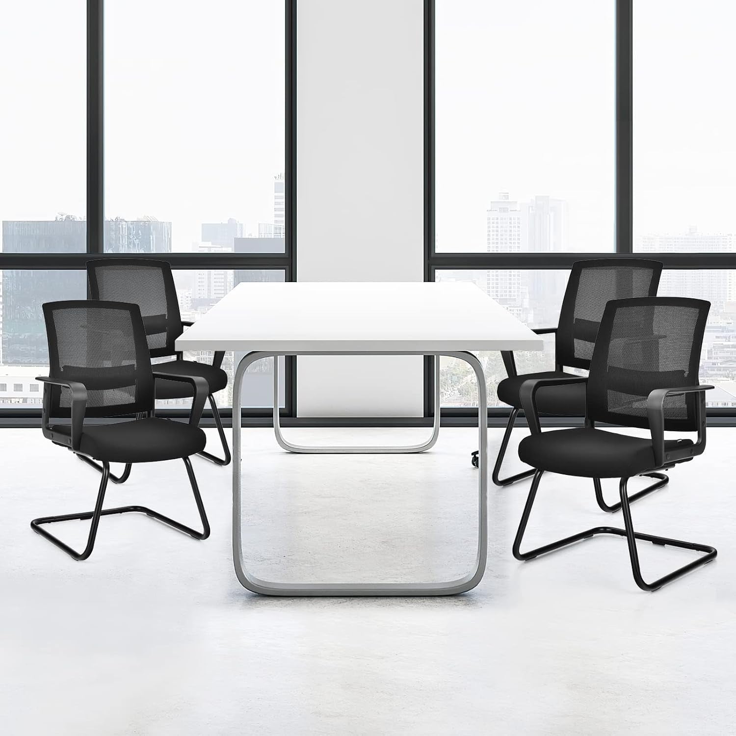 Office Guest Chair Set of 4, Executive Sled Base Conference Chairs with Lumbar Support and Armrests, Mid-Back Chairs, Mesh Office Desk Chair No Wheels for Reception Waiting Meeting Room