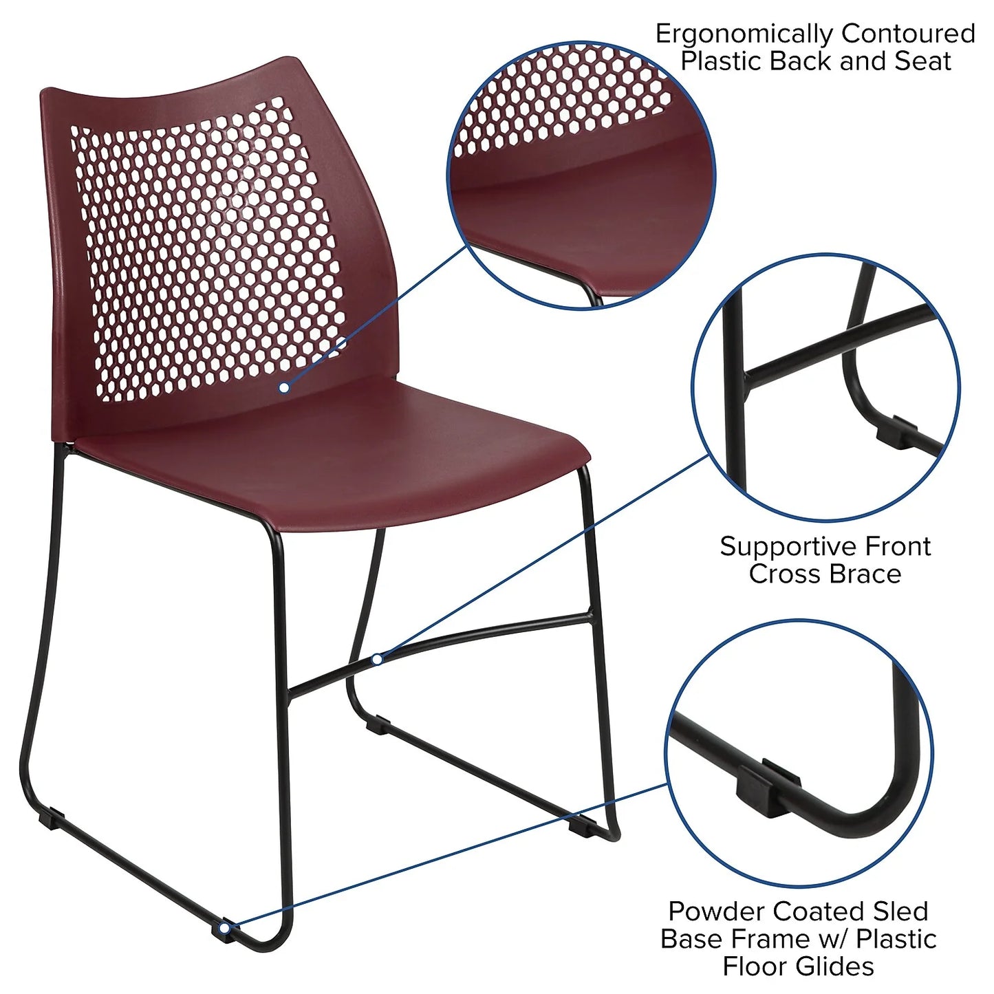 HERCULES Series 5 Pack 661 Lb. Capacity Burgundy Stack Chair with Air-Vent Back and Black Powder Coated Sled Base