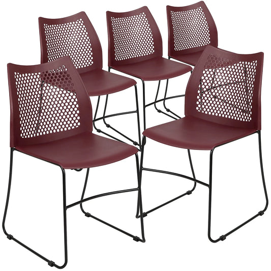 HERCULES Series 5 Pack 661 Lb. Capacity Burgundy Stack Chair with Air-Vent Back and Black Powder Coated Sled Base