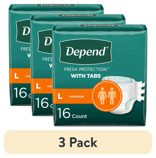 (3 Pack)  Protection with Tabs Incontinence Underwear, Adult Diapers, Unisex, L, 16 Count