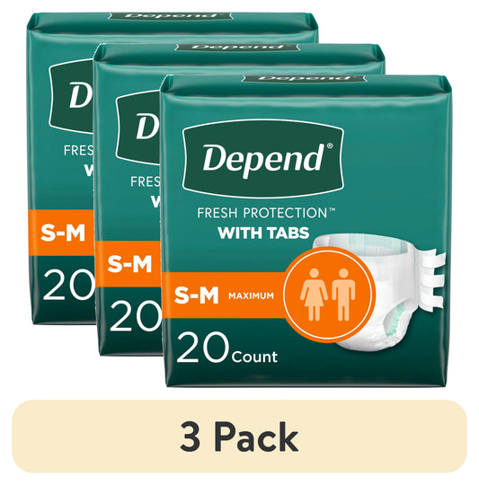 (3 Pack)  Protection with Tabs Incontinence Underwear, Adult Diapers, Unisex, S/M, 20 Count