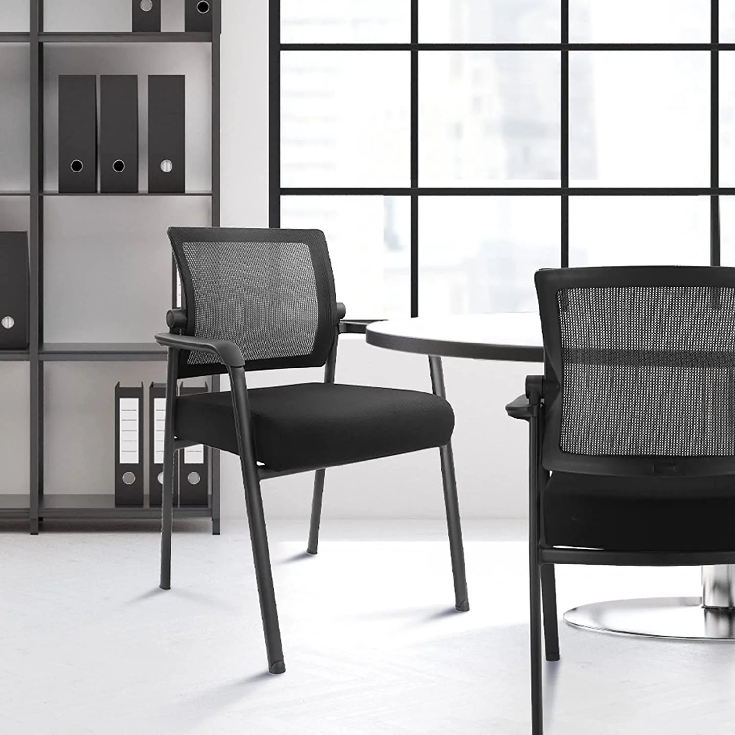 Office Reception Guest Chair Mid Mesh Back Ergonomic Lumbar Support for Waiting Conference Room Black 2PK