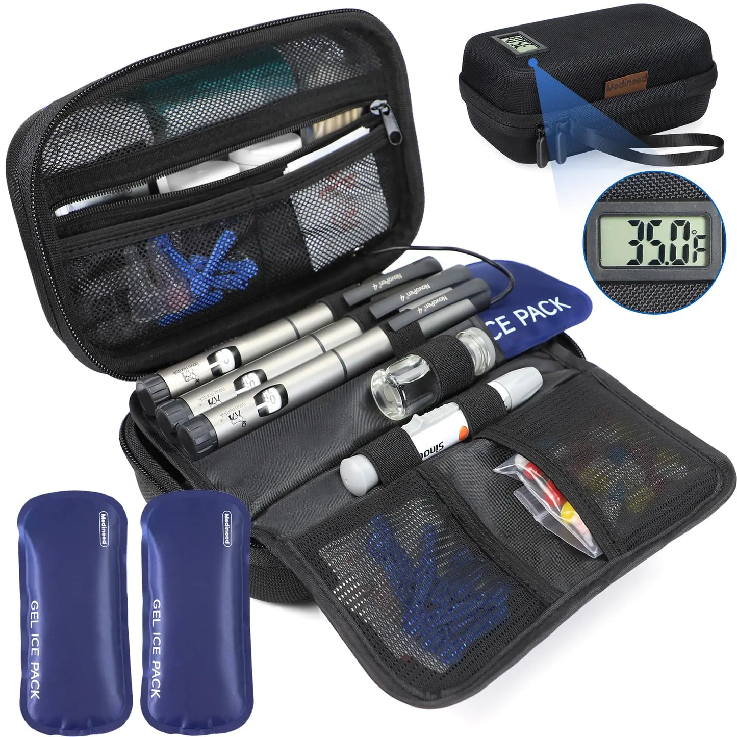 Insulin Cooler Travel Case TSA Approved Temperature Display Medicine Travel Cooler Refrigerated Medicine Organizer Patent Pending Diabetes Case with 2 Reusable Ice Packs (Black)
