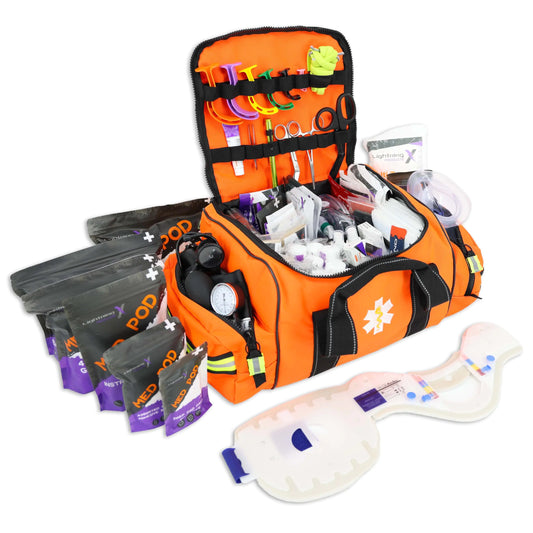 Lightning X Pre-Stocked EMS/EMT Trauma Kit w/Large First Responder Bag & 256 First Aid Medical Supplies - Orange
