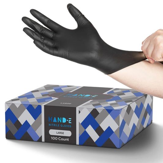 Hand-E Disposable Black Nitrile Gloves - 5 Mil Medical Exam - Powder and Latex Free, Food Safe