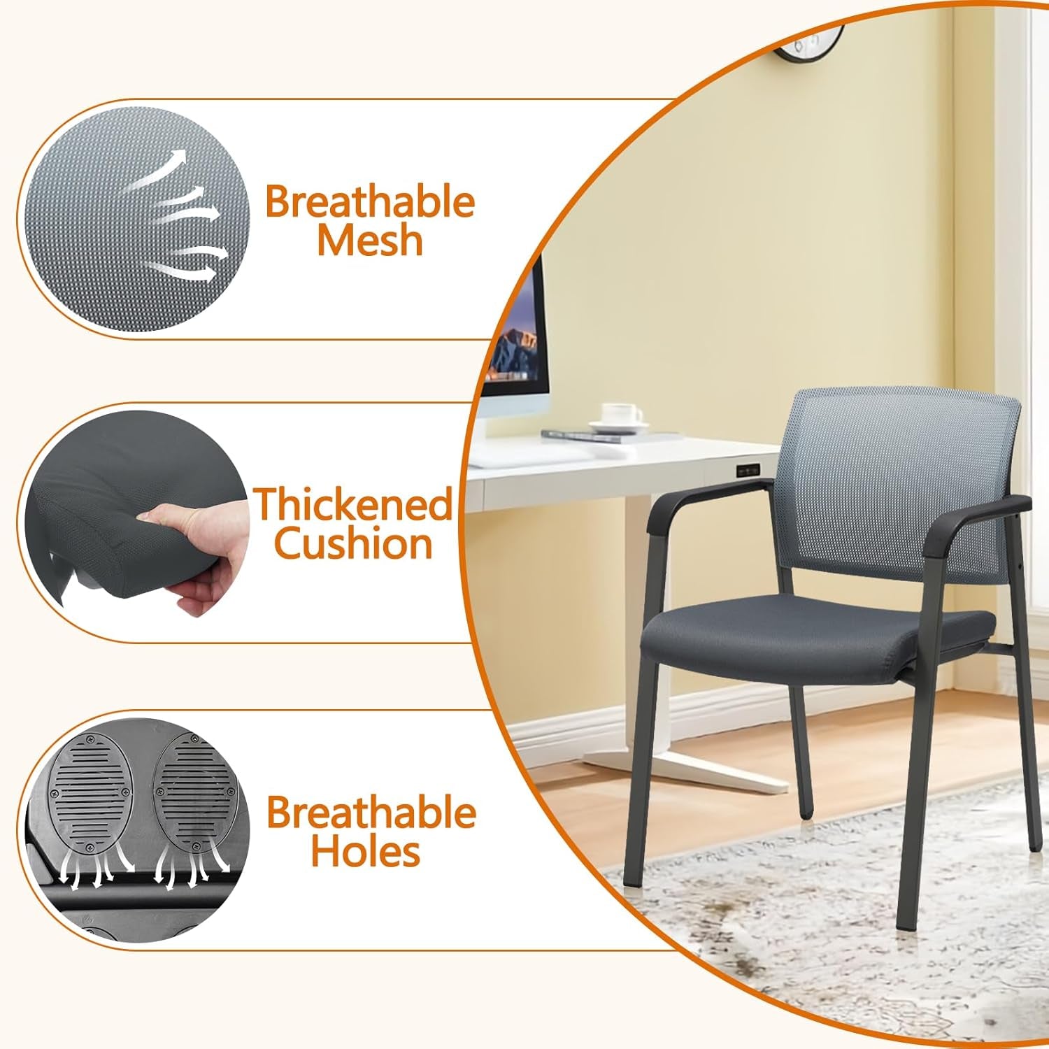 Mesh Back Stacking Arm Chairs with Upholstered Fabric Seat and Ergonomic Lumbar Support for Office School Church Guest Reception Grey 2 Pack Set