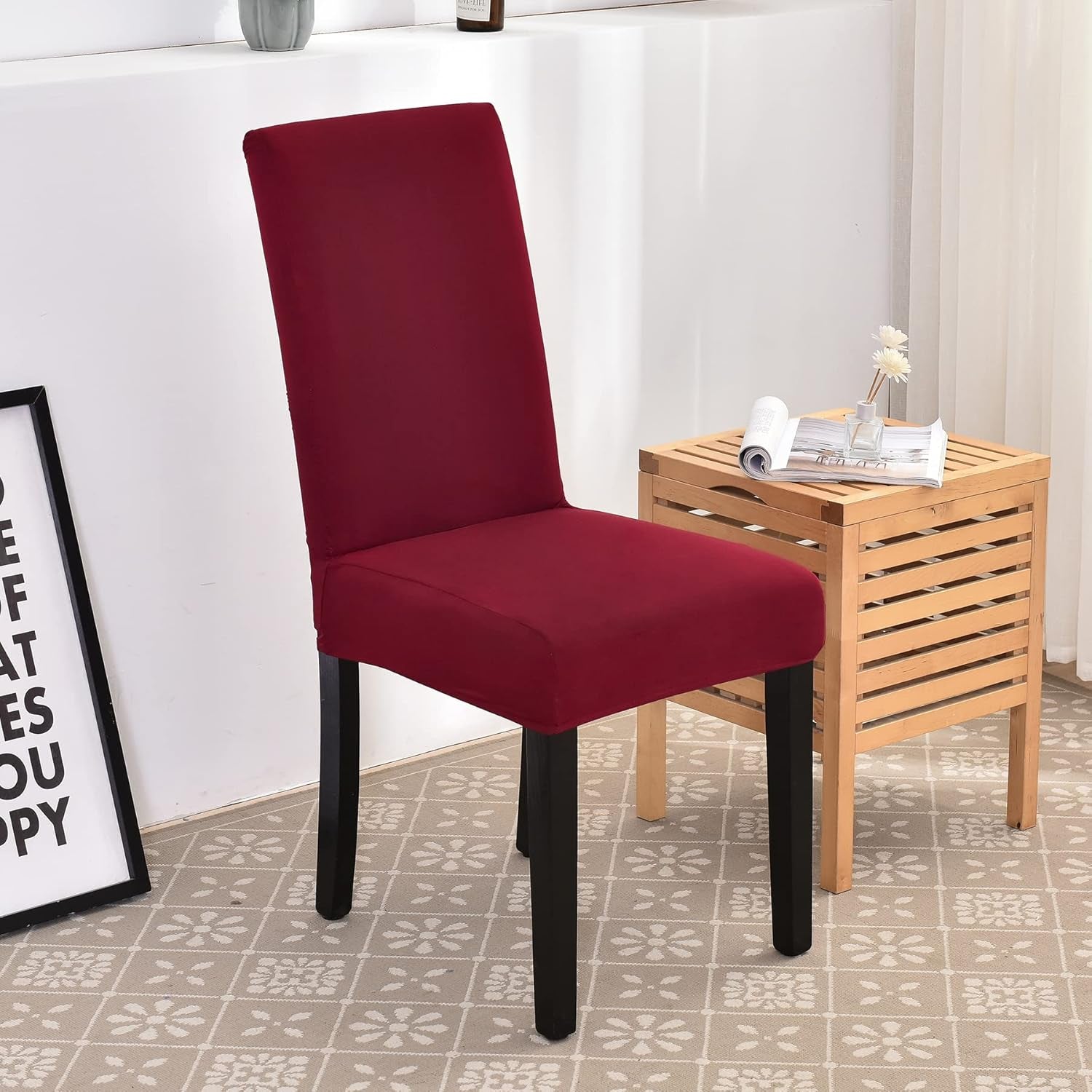 Burgundy Chair Covers for Dining Room Set of 4,Stretch Spandex Parsons Chair Slipcover 4 Pack,Washable Anti-Dust Chair Seat Cover for Kitchen,Wedding,Party