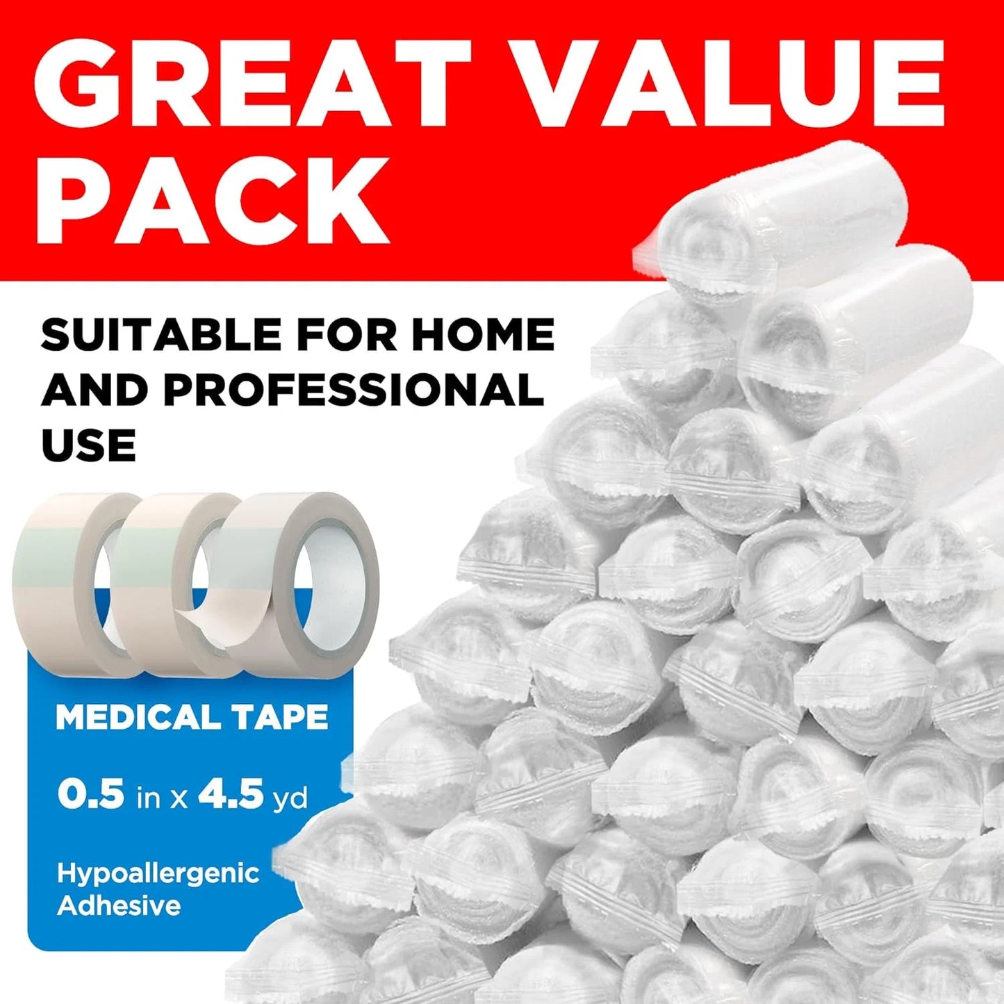 Premium Gauze Rolls - Pack of 36 - [Individually Wrapped] - 3” X 4.1 Yd Rolled Gauze + 3 Free Bonus Tapes