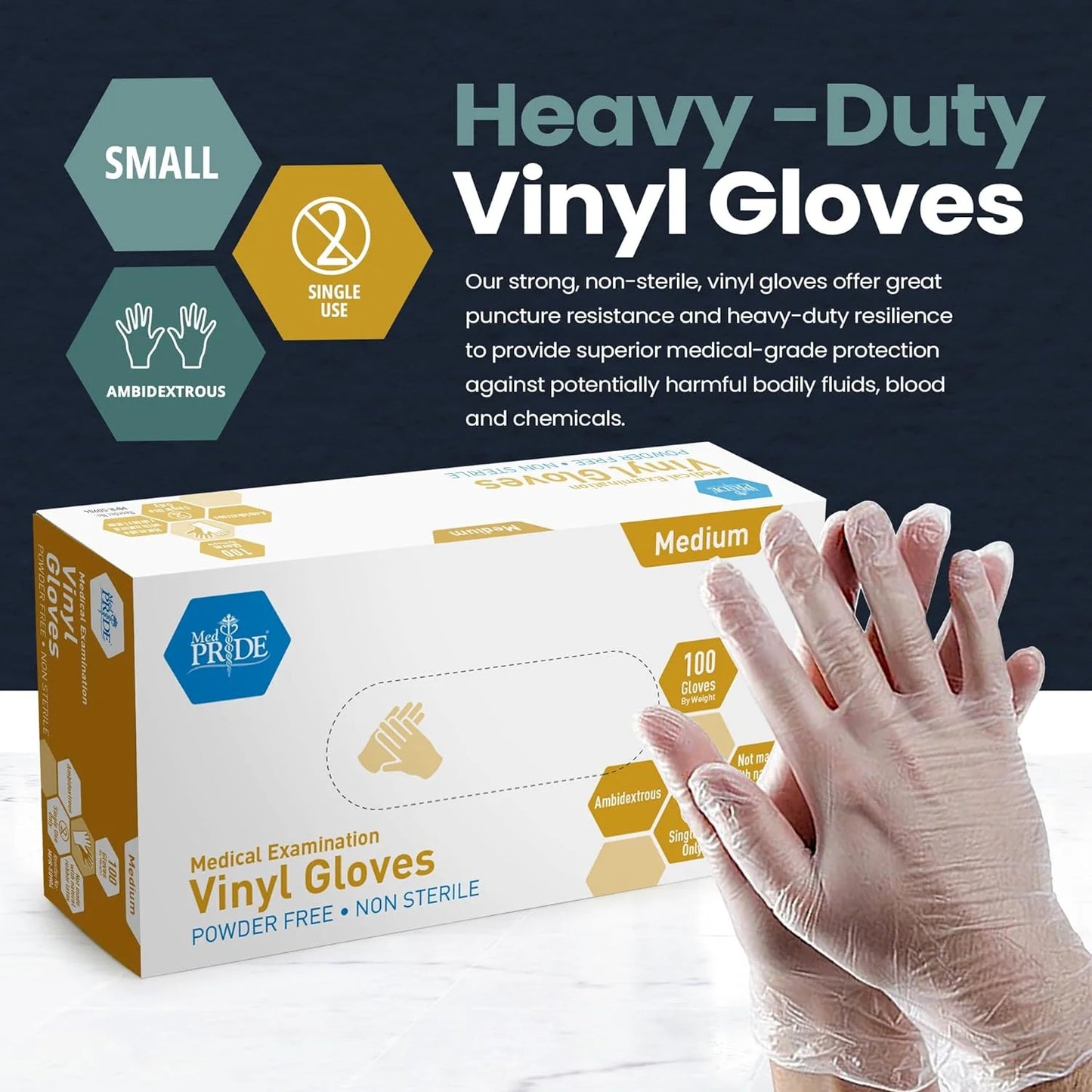 MED PRIDE Disposable Vinyl Clear Examination Gloves, Latex & Powder Free, Medium, 100-Count