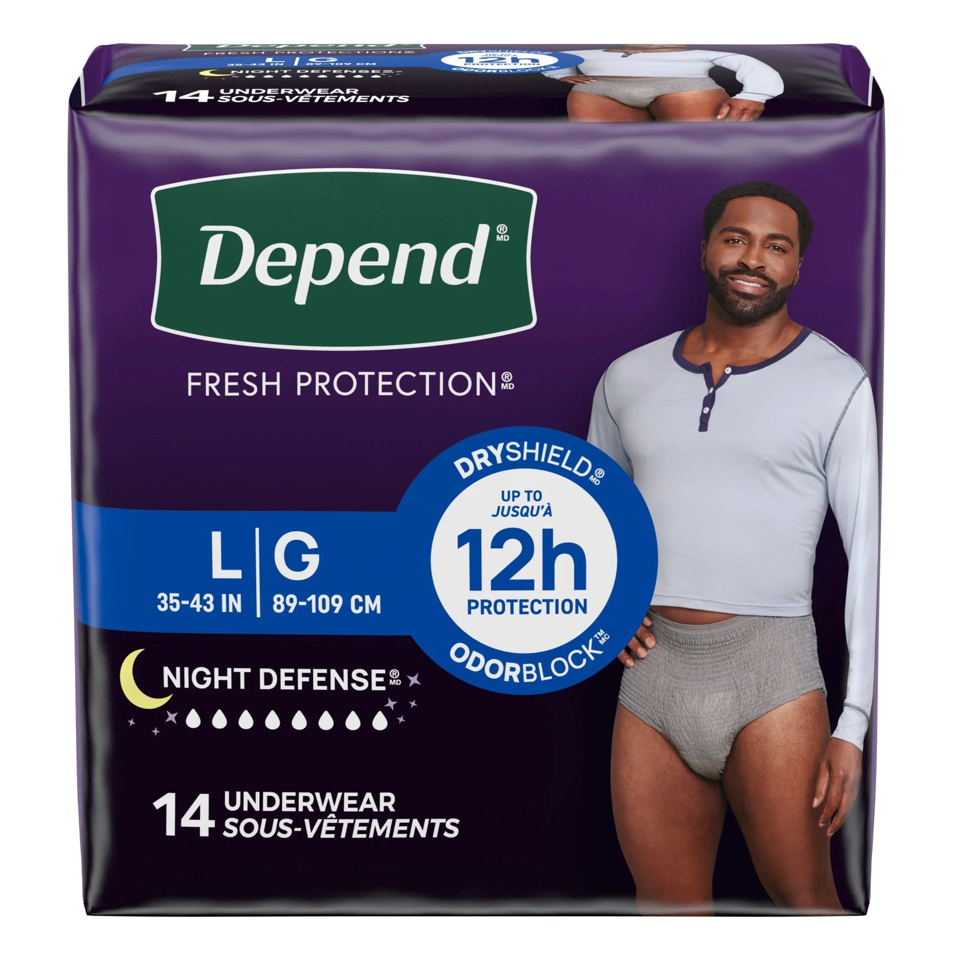 Night Defense Incontinence Underwear for Men, Adult Diapers, L, 14 Count
