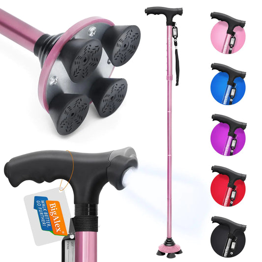 BigAlex Folding Walking Cane with LED LightPivoting Quad BaseAdjustable Walking Stick with Carrying Bag for Man/Woman (Alloy Base)