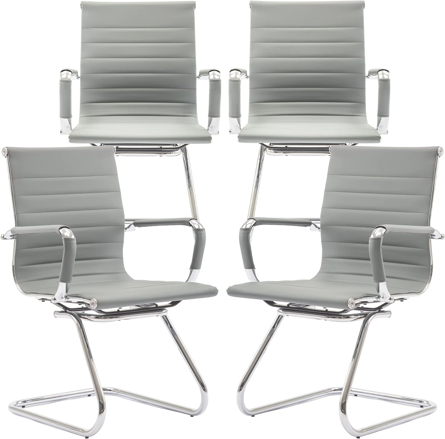 Office Desk Chair No Wheels Set of 4 PU Leather Computer Chairs Mid Back Guest Chairs for School Reception Conference Waiting Room, Grey