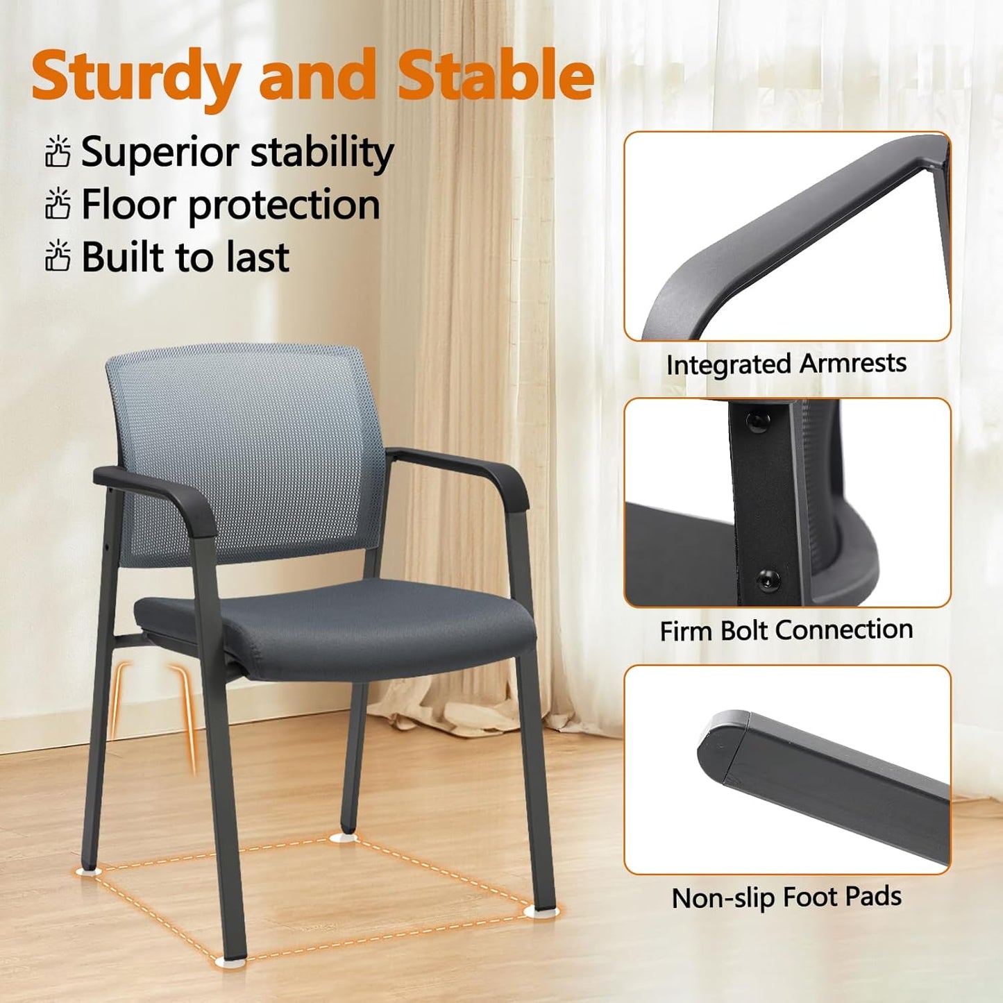 Mesh Back Stacking Arm Chairs with Upholstered Fabric Seat and Ergonomic Lumbar Support for Office School Church Guest Reception Grey 2 Pack Set