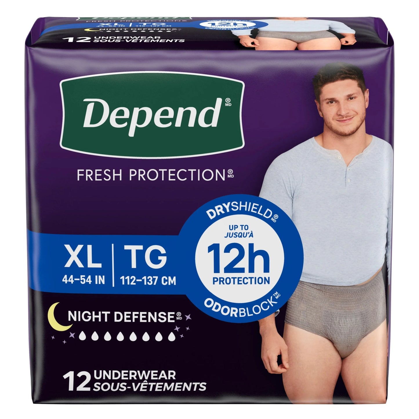 Night Defense Incontinence Underwear for Men, Adult Diapers, L, 12 Count