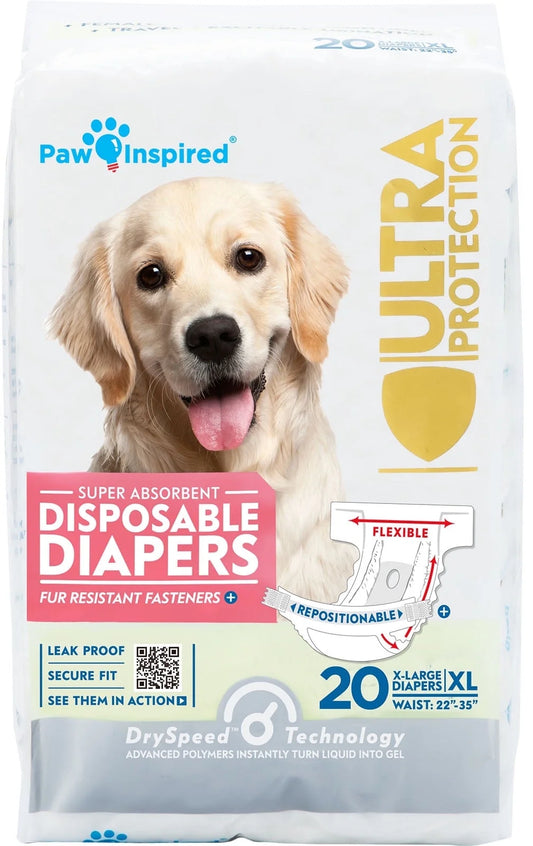 Disposable Dog Diapers Female| Puppy, Doggie, Cat, Pet Diapers |Diapers for Dogs in Heat Period, Diapers That Stay On, Senior, Excitable Urination, or Incontinence (X-Large, 20 Count)