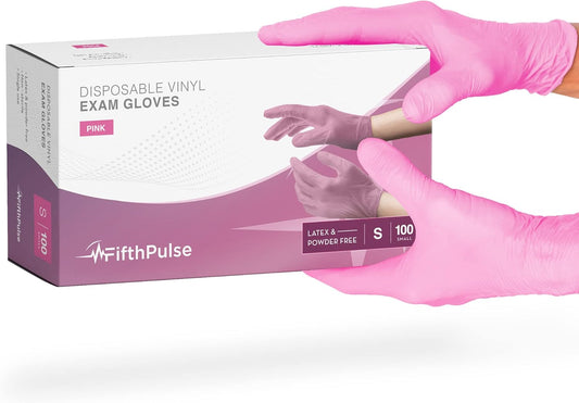 Pink Vinyl Disposable Gloves 100 Pack - Powder and Latex Free Medical Exam Gloves