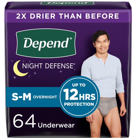 Night Defense Incontinence Underwear for Men, Adult Diapers, S/M, 64 Count
