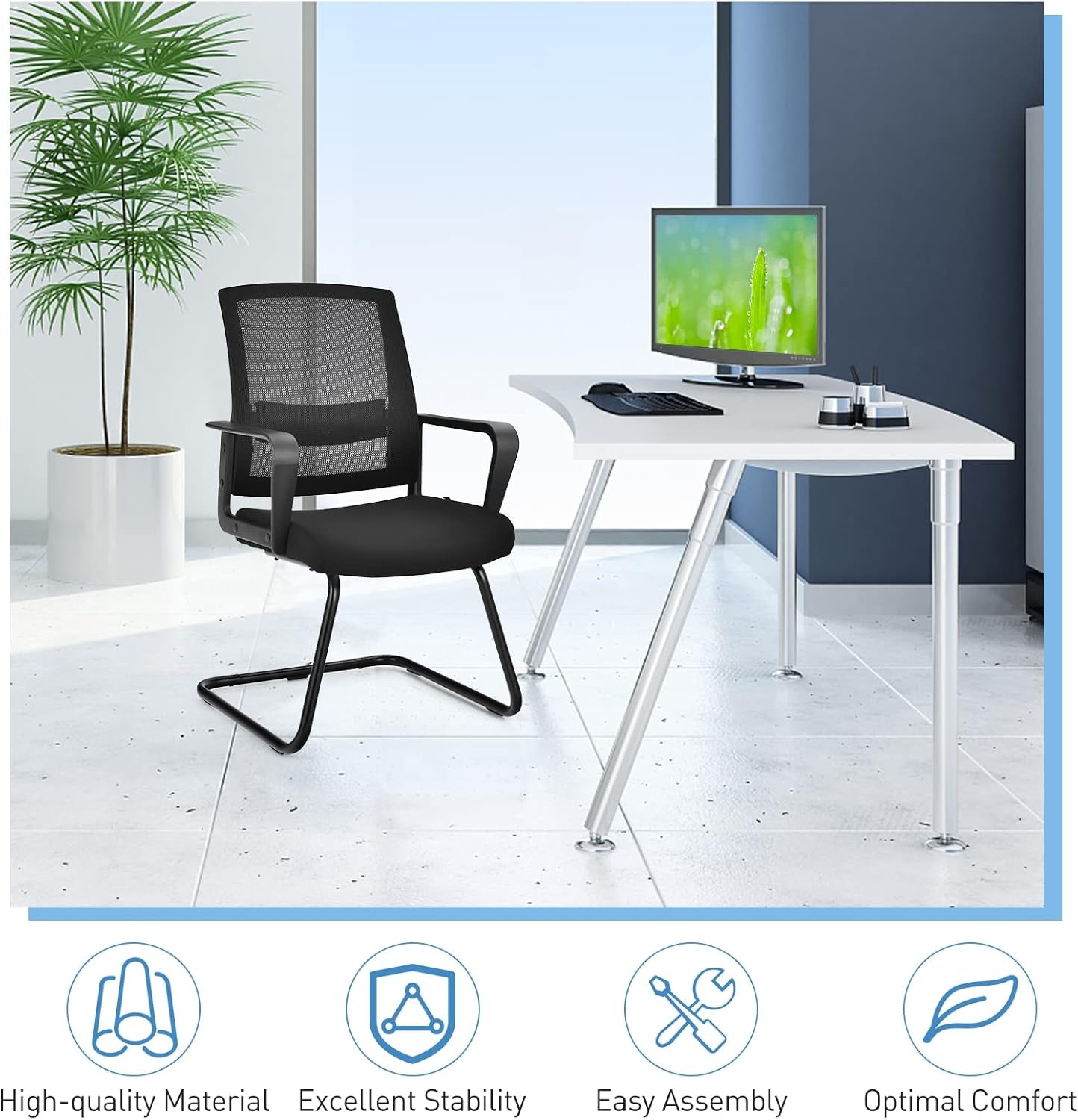 Office Guest Chair Set of 4, Executive Sled Base Conference Chairs with Lumbar Support and Armrests, Mid-Back Chairs, Mesh Office Desk Chair No Wheels for Reception Waiting Meeting Room