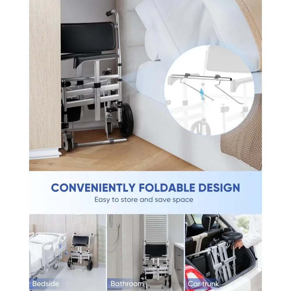 Shower Chair with Wheels  Folding Shower Wheel Transport Chair  Commode Rolling Bath Chair for Handicap  Elderly & Injured