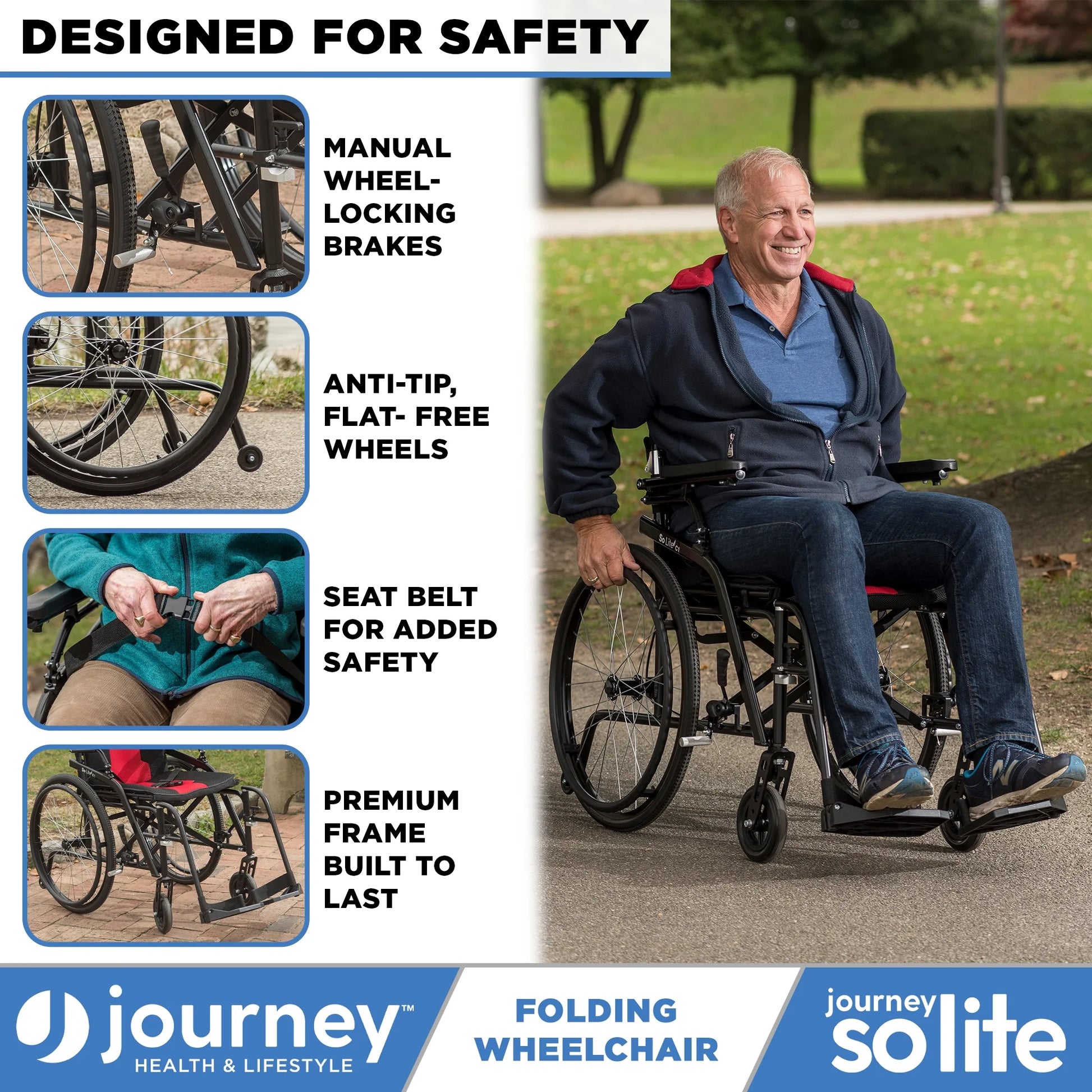 So Lite Folding Wheelchair, Lightweight 16.5Lb with Padded Seat, Dual Hand Brakes, and Durable Tires, Black