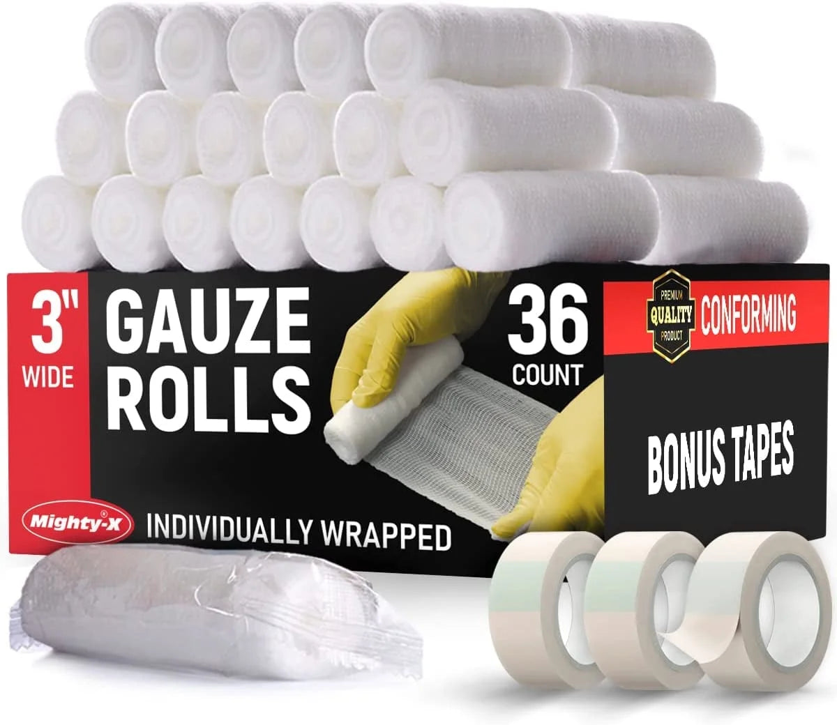 Premium Gauze Rolls - Pack of 36 - [Individually Wrapped] - 3” X 4.1 Yd Rolled Gauze + 3 Free Bonus Tapes