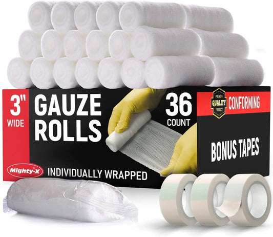 Premium Gauze Rolls - Pack of 36 - [Individually Wrapped] - 3” X 4.1 Yd Rolled Gauze + 3 Free Bonus Tapes