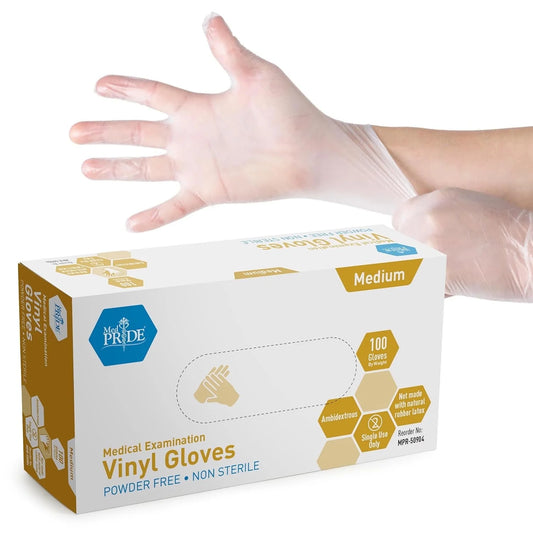 MED PRIDE Disposable Vinyl Clear Examination Gloves, Latex & Powder Free, Medium, 100-Count